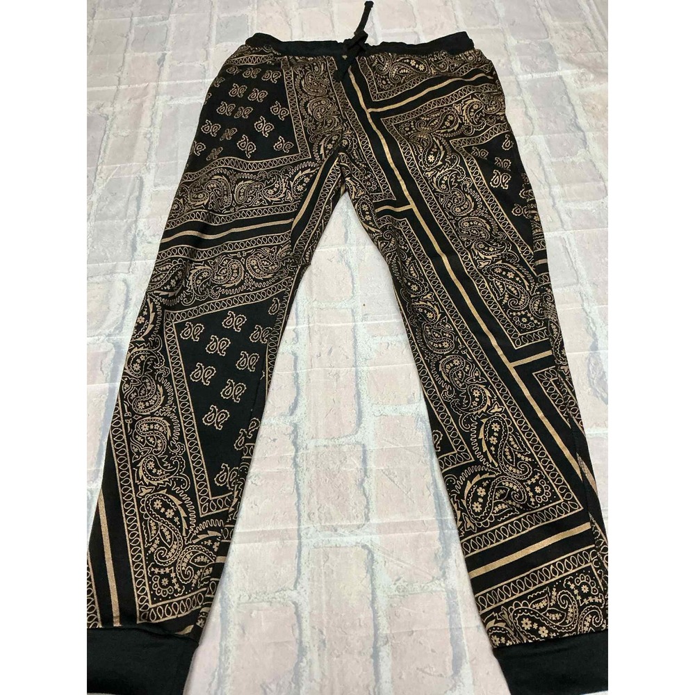 Imperious Mens Bandana Print‎ Jogger Pants Black Gold Size 2XL Cotton